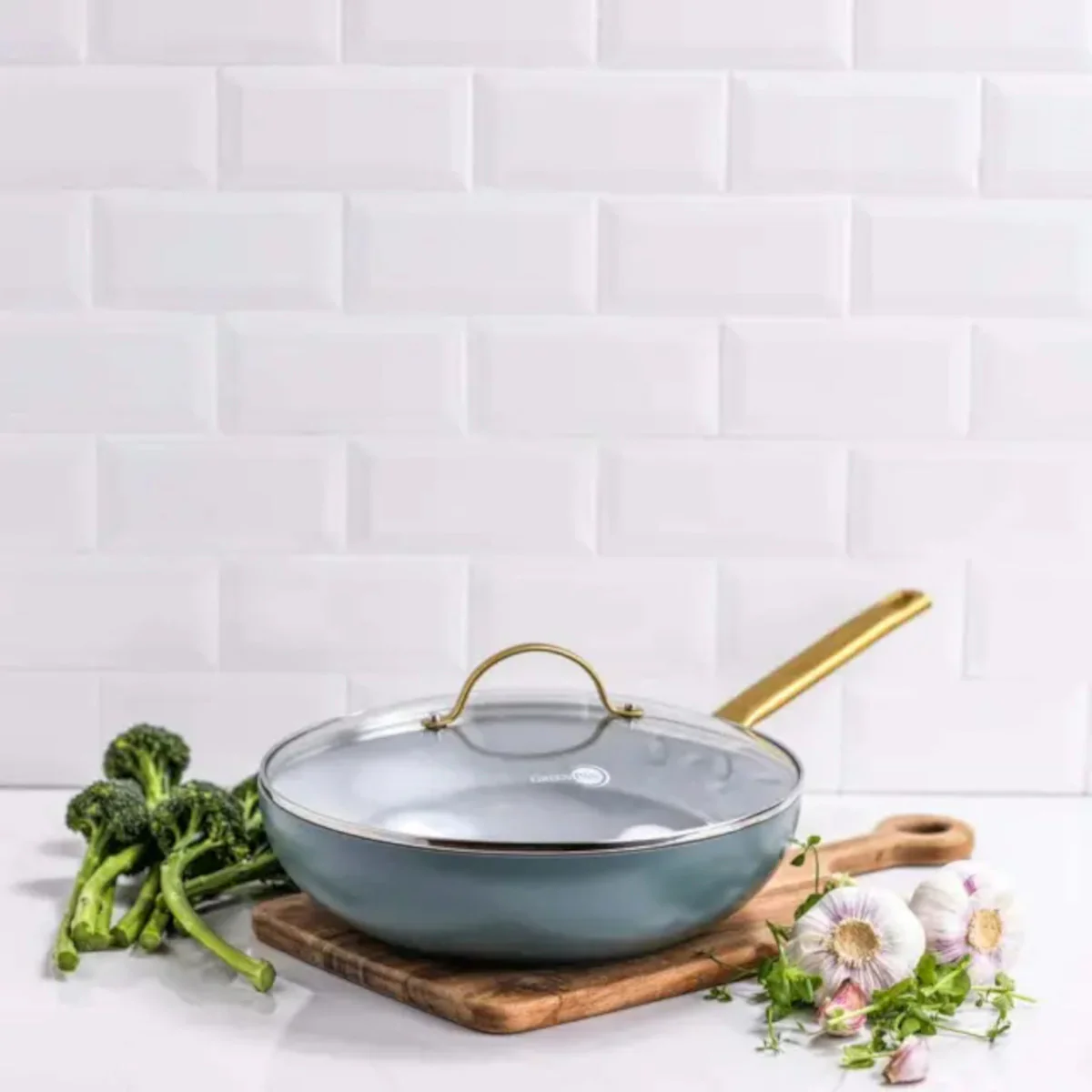 GreenPan Padova Wok with Lid Smokey Sky Blue 28cm - Image 5
